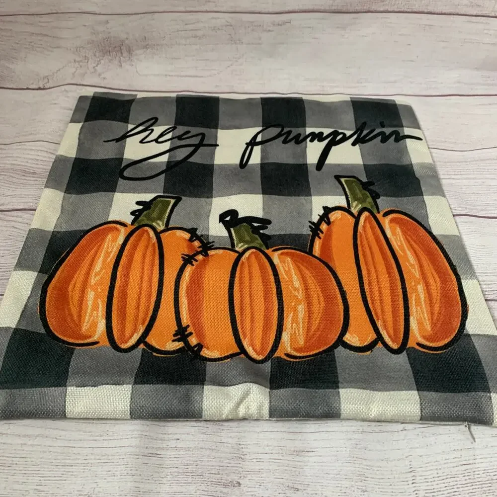 Buffalo Plaid Pumpkin Pillowcase Throw Pillow Cover HEY PUMPKIN